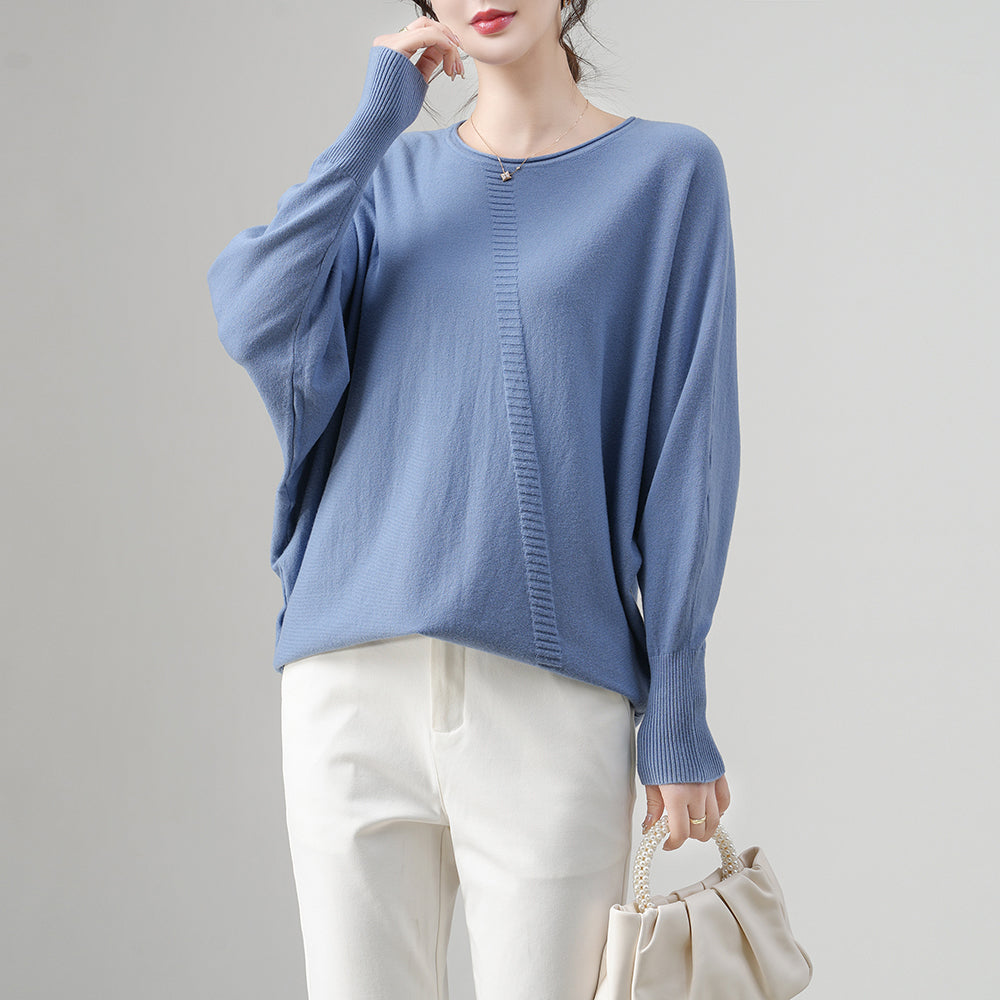 Locker sitzender Strickpullover mit Fledermausärmeln für Damen | Asymmetrisches Rippendetail | Rundhalsausschnitt | Leichter Pullover | Anpassbar