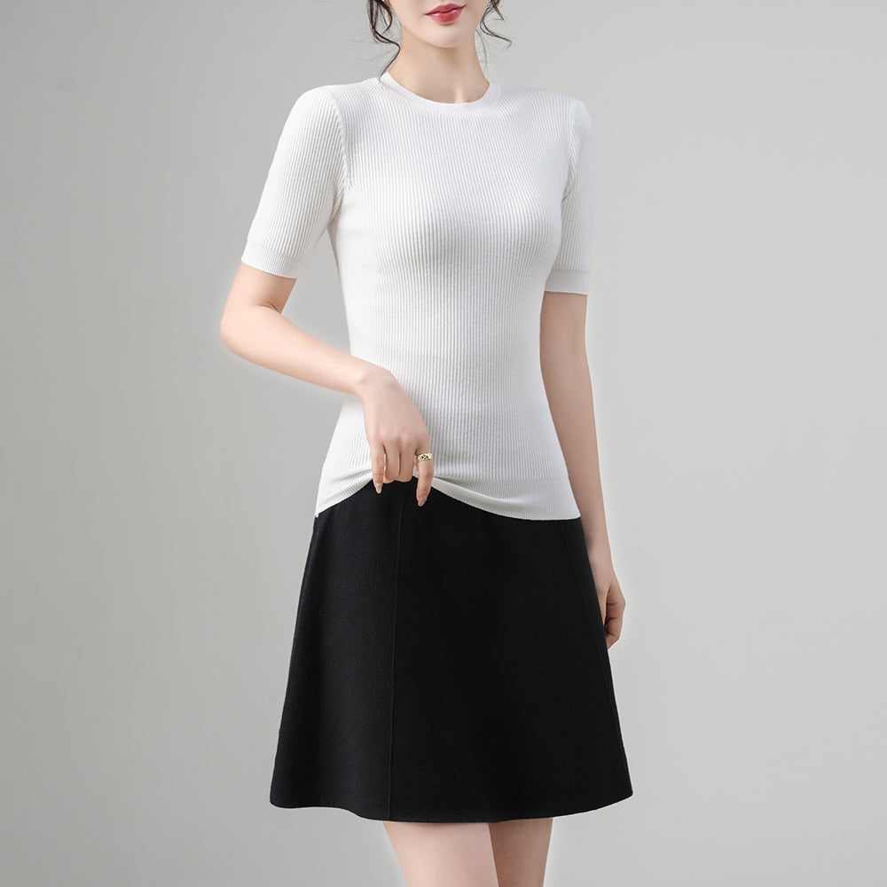 Suéter acanalado de manga corta y cuello redondo para mujer, personalizado, tejido de punto suave al tacto, para pedidos al por mayor | OEM ODM disponible