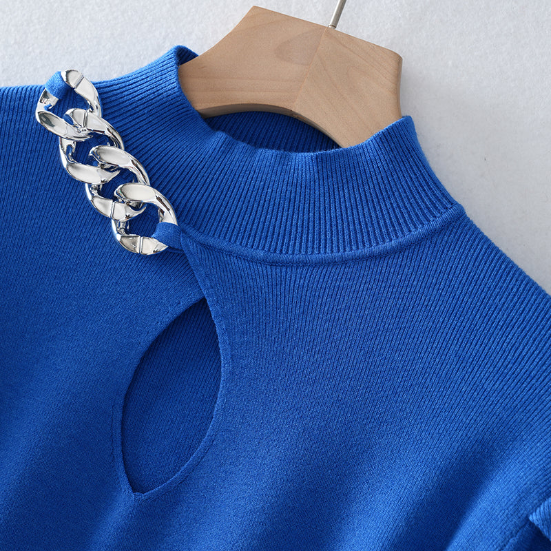 Wholesale Women's Knit Sweater – Puff Sleeve Chain Detail Keyhole Top | Fall Winter Fashion