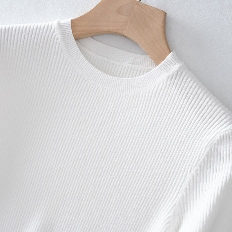 Suéter acanalado de manga corta y cuello redondo para mujer, personalizado, tejido de punto suave al tacto, para pedidos al por mayor | OEM ODM disponible