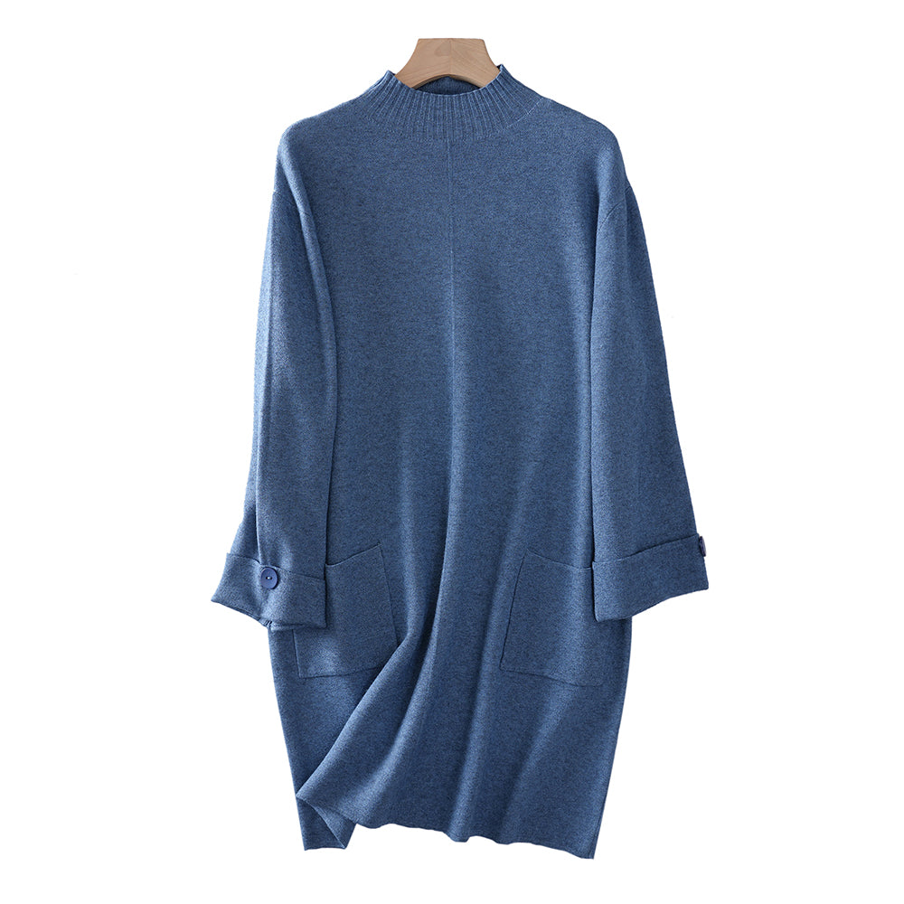 Vestido largo de punto con cuello alto al por mayor: jersey holgado y cálido con bolsillos | Colección de invierno para mujer