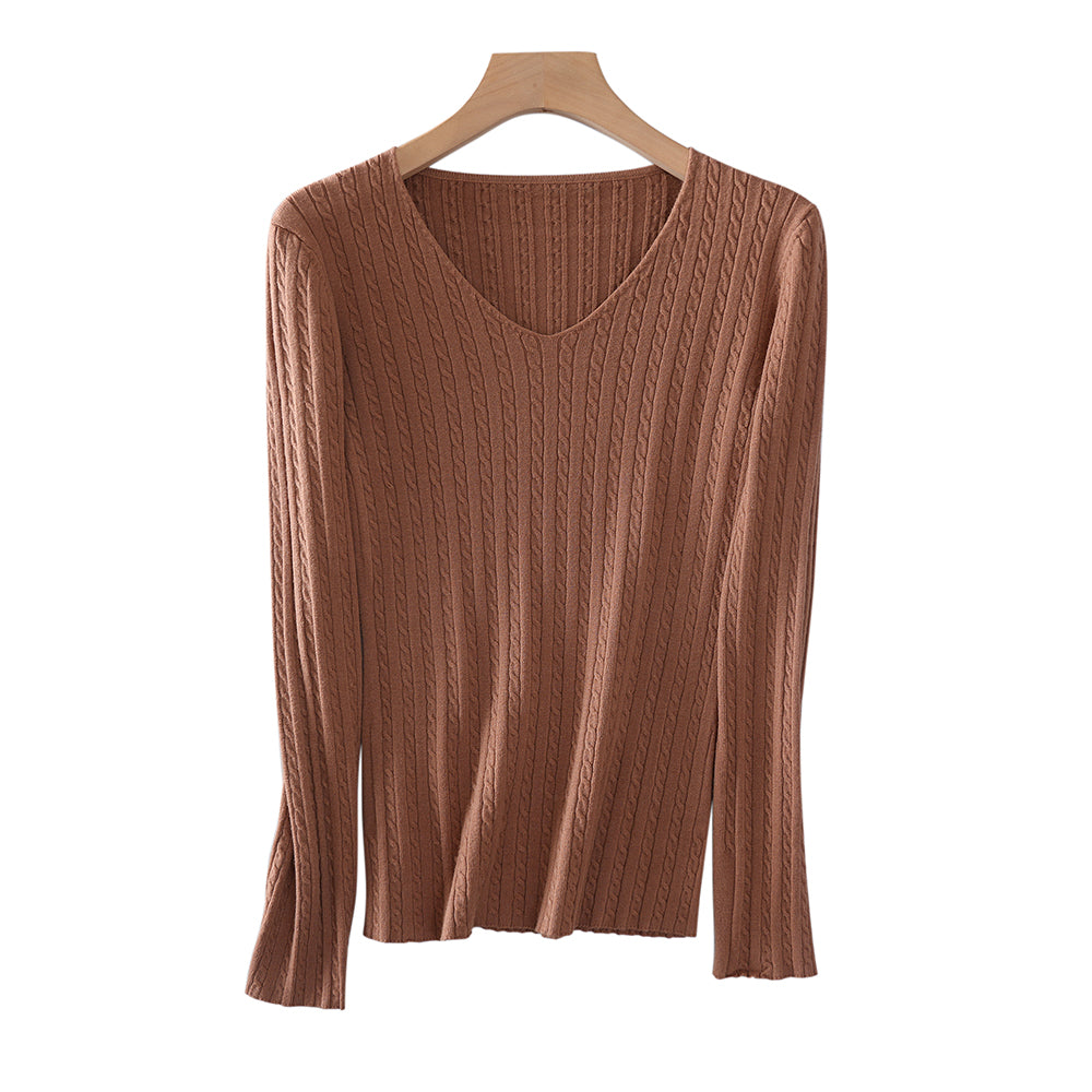 Slim Fit Women’s Pullover V Neck Sweater – Trendy Cable  Ribbed Knit for Wholesale | Custom Colors & Sizing