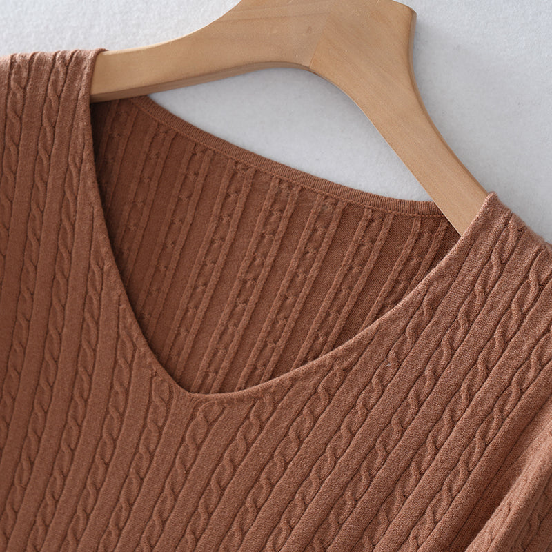 Slim Fit Women’s Pullover V Neck Sweater – Trendy Cable  Ribbed Knit for Wholesale | Custom Colors & Sizing